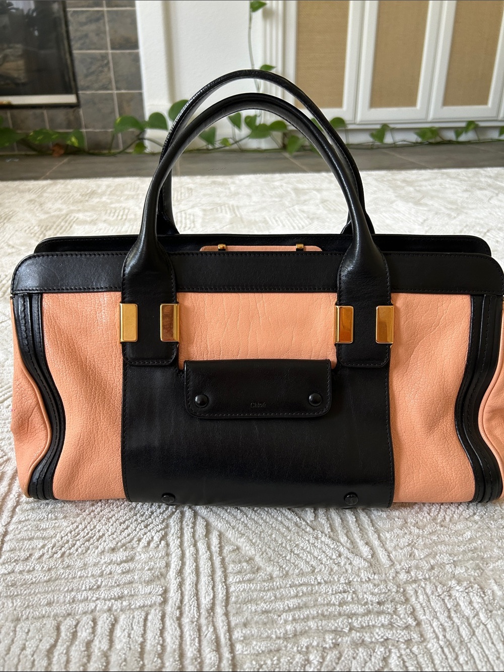 Chloe- Black and Peach Leather Structured Tote Bag